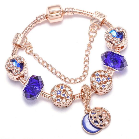 925 Blue Crystal Bead Themed Decorative Pendant Bracelet - Picture 1 of 5